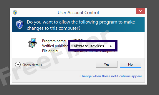 Screenshot where Software Devices LLC appears as the verified publisher in the UAC dialog